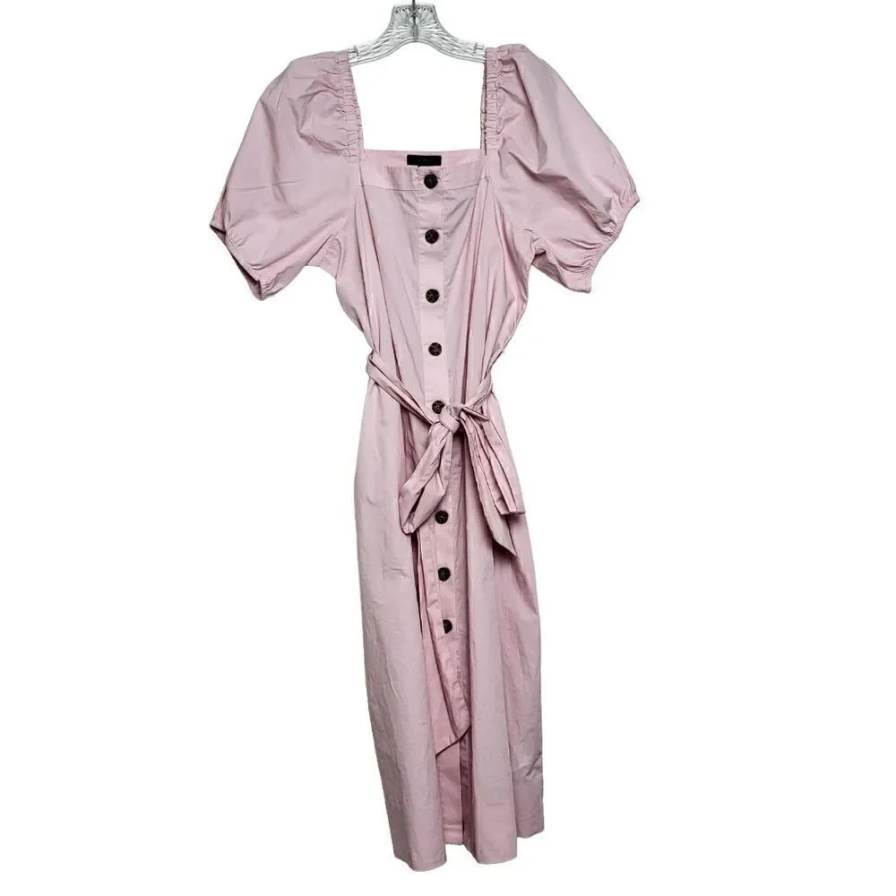 J.Crew Cottage Pink Puff Sleeves Midi Button Up Belted Dress Size XS